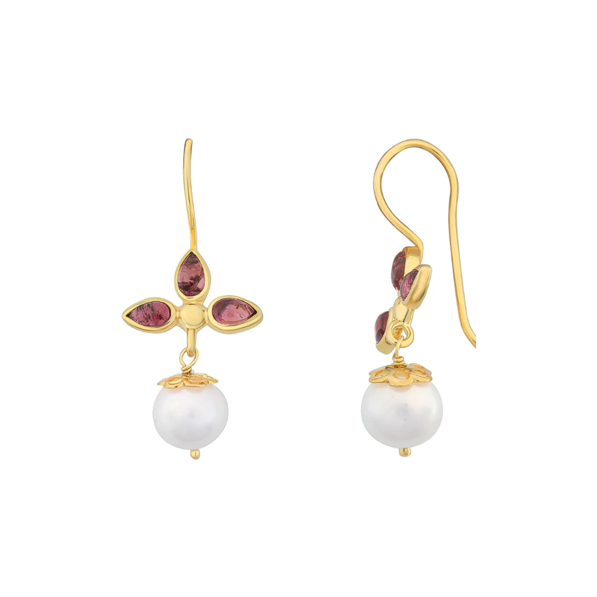 Pearl Gold Drop Earrings with Pink Tourmaline - Meredith