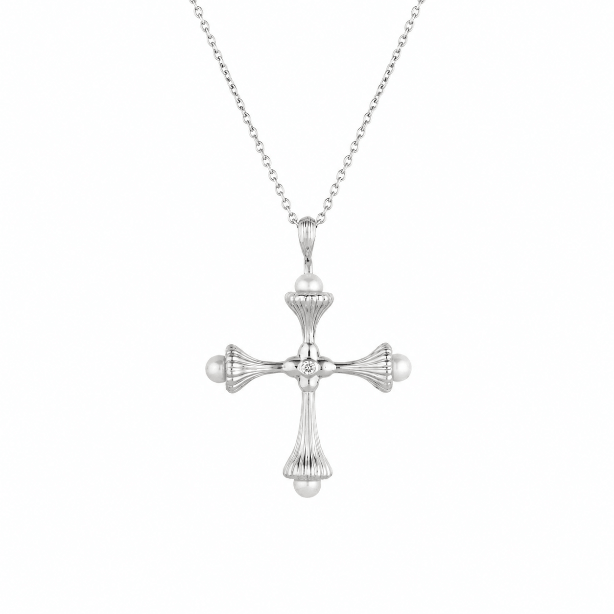 Pearl Cross Silver Necklace with Cubic Zirconia - Ripple