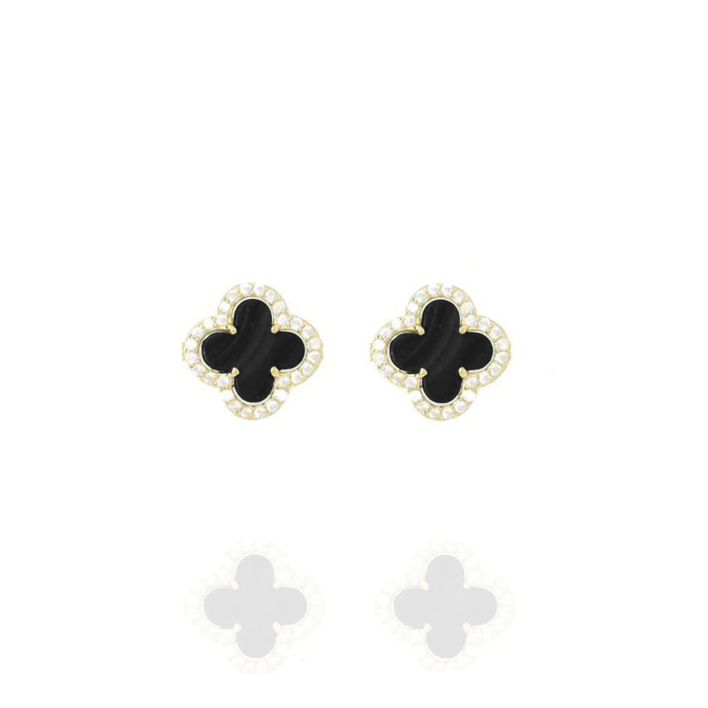 Clover Studs with Black Onyx and Cubic Zirconia (Gold) (Small)