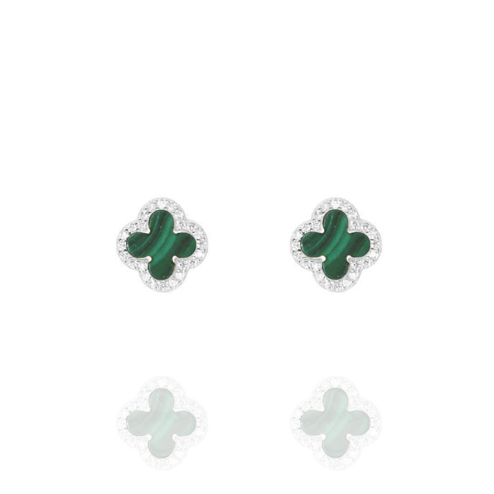 Clover Studs with Malachite and Cubic Zirconia (Silver)(Small)