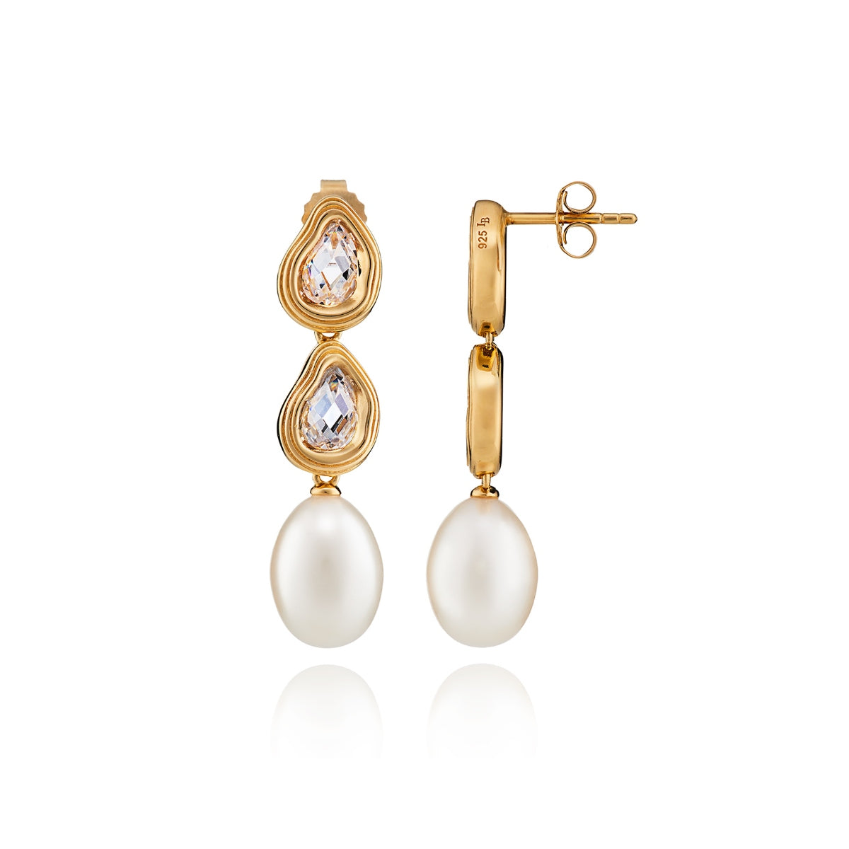 Double Teardrop and Pearl Gold Stud Drop Earrings with Cubic Zirconia - Lulu B London Jewellery