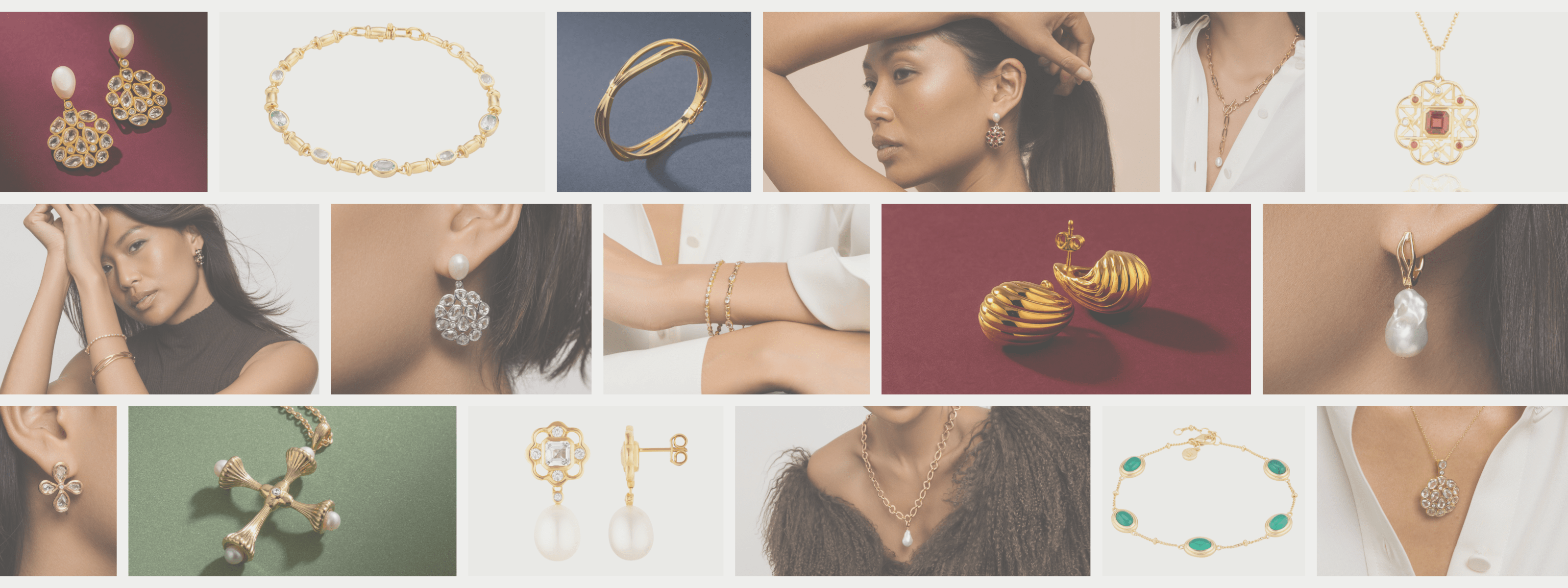 Collage of various jewelry items including earrings, necklaces, and rings.