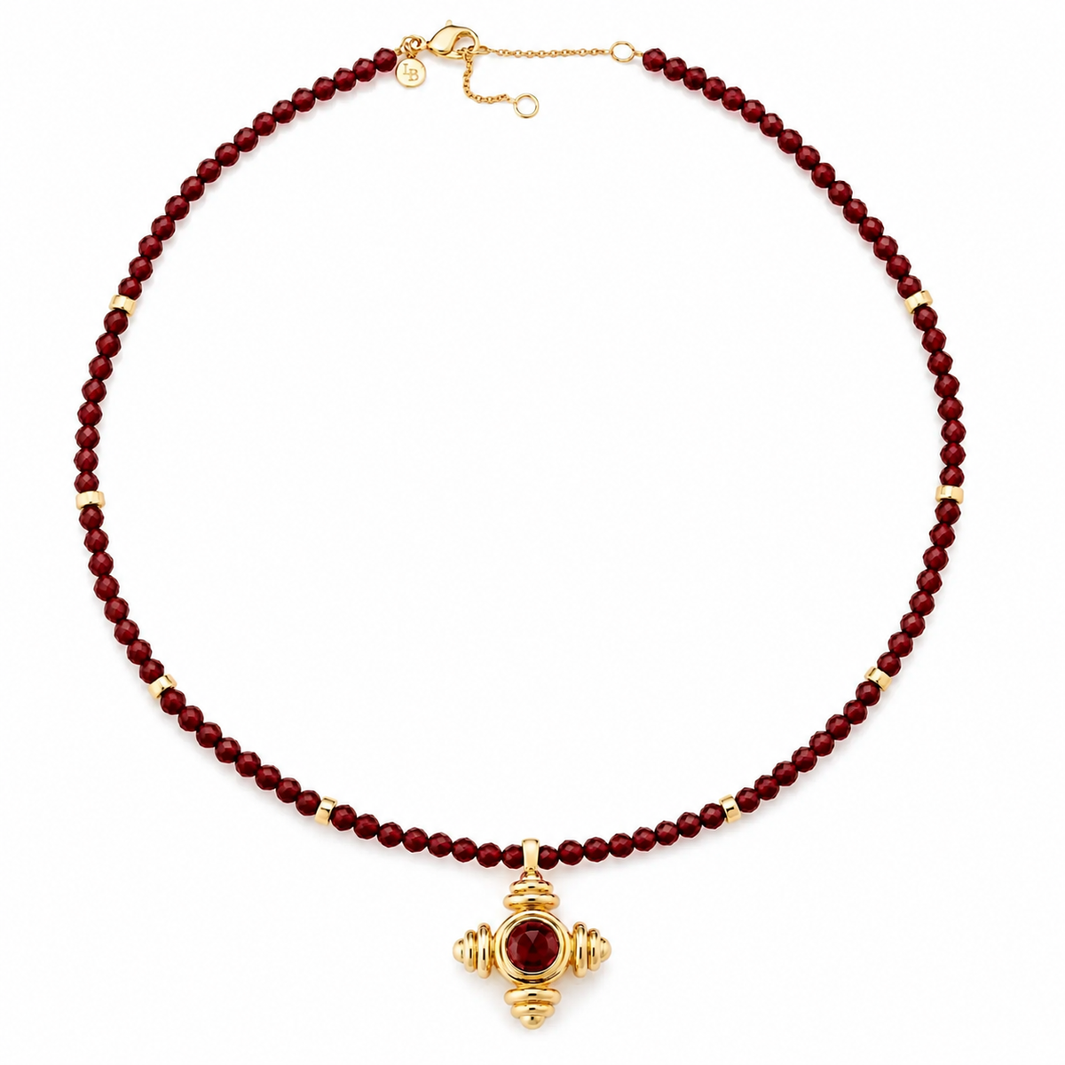Garnet Beaded Cross Gold Necklace - Lulu B London Jewellery