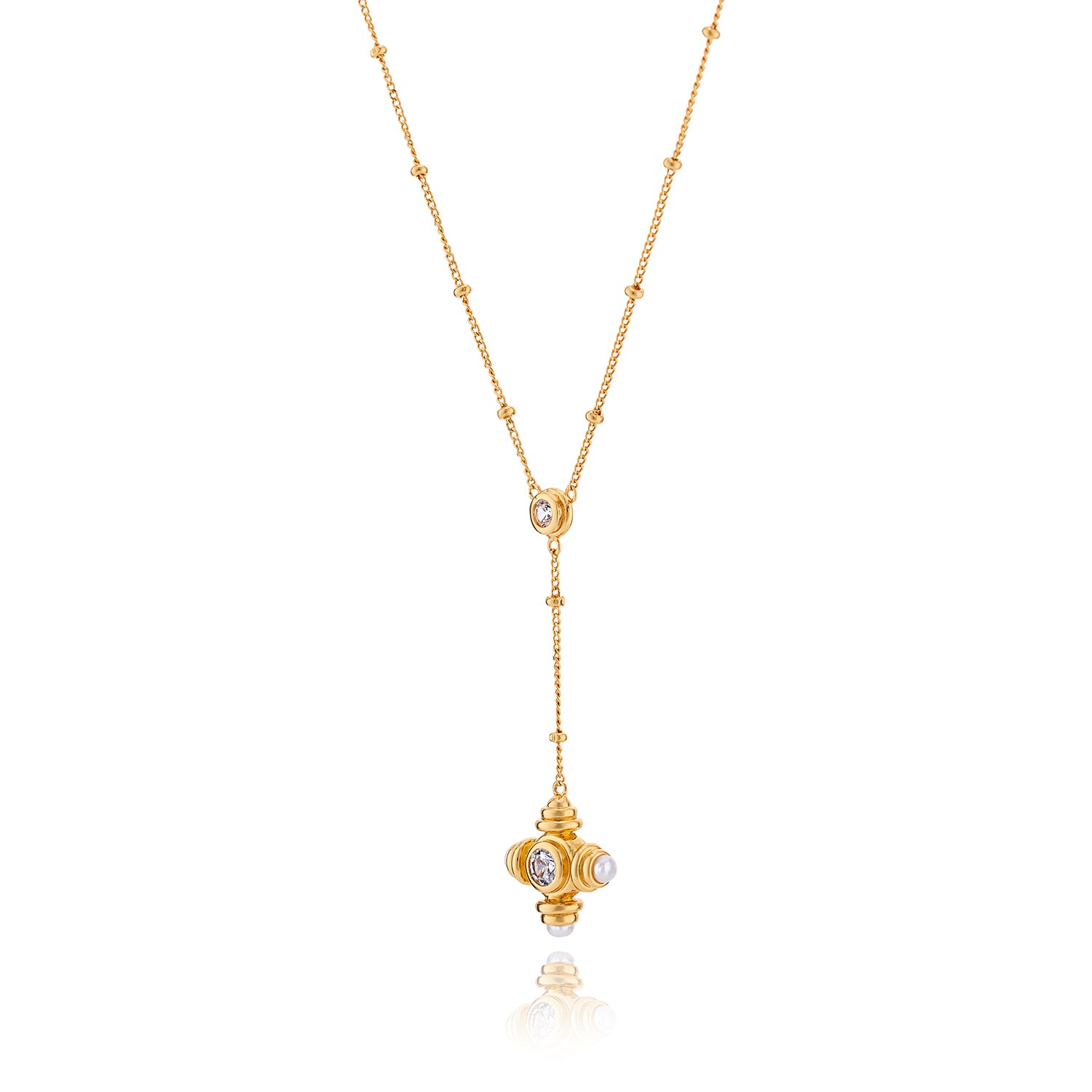 Pearl Cross Gemstone Gold Lariat Necklace - Lulu B London Jewellery