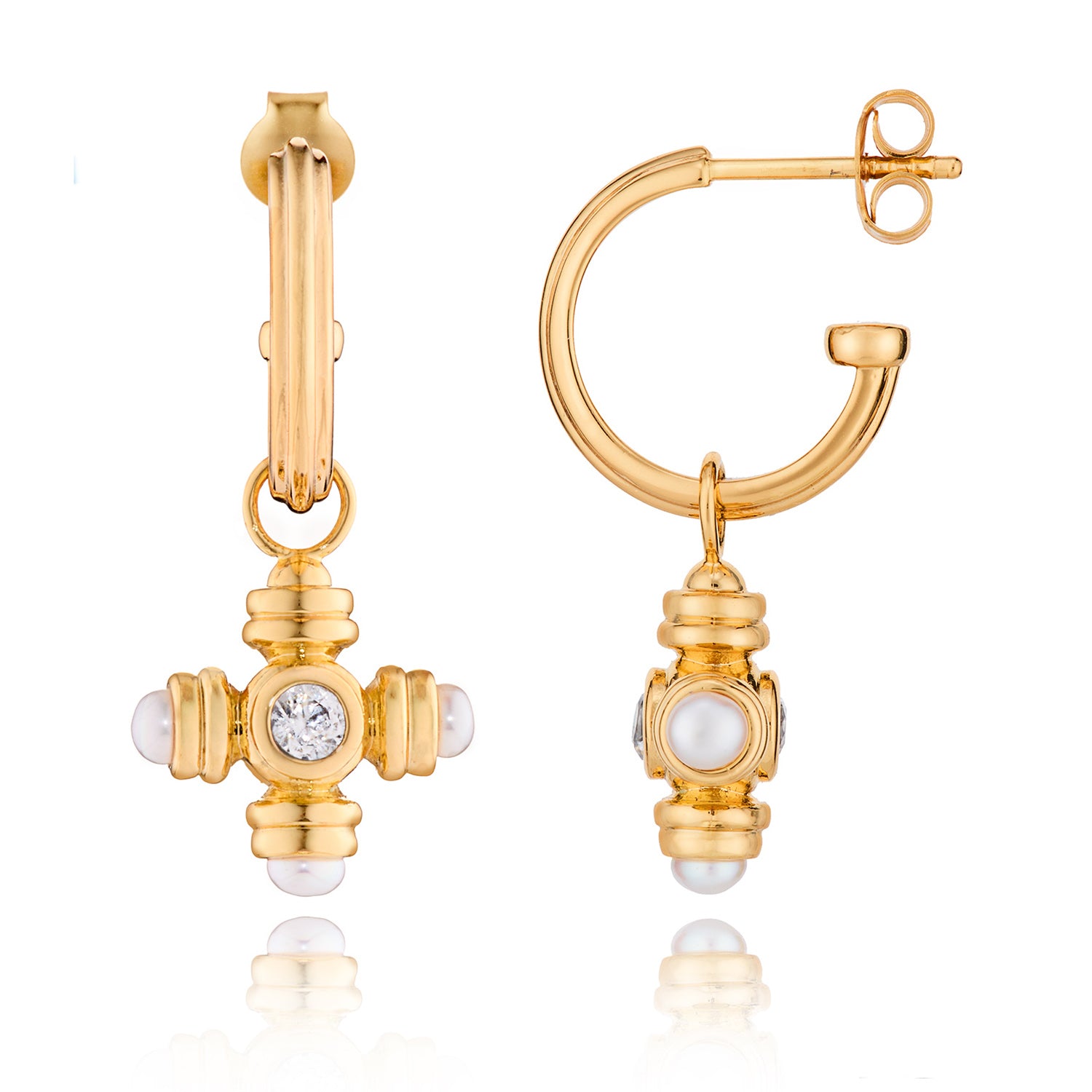 Pearl Cross Gemstone Charm Gold Hoop Earrings - Lulu B London - Timeless Jewellery