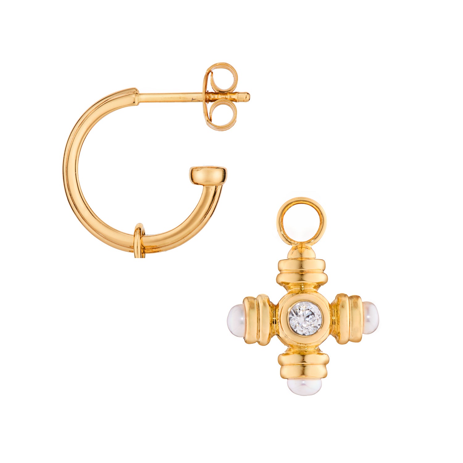 Pearl Cross Gemstone Charm Gold Hoop Earrings - Lulu B London - Timeless Jewellery