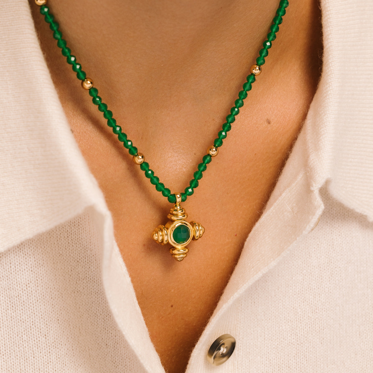 Green Agate Beaded Cross Gold Necklace - Lulu B London Jewellery