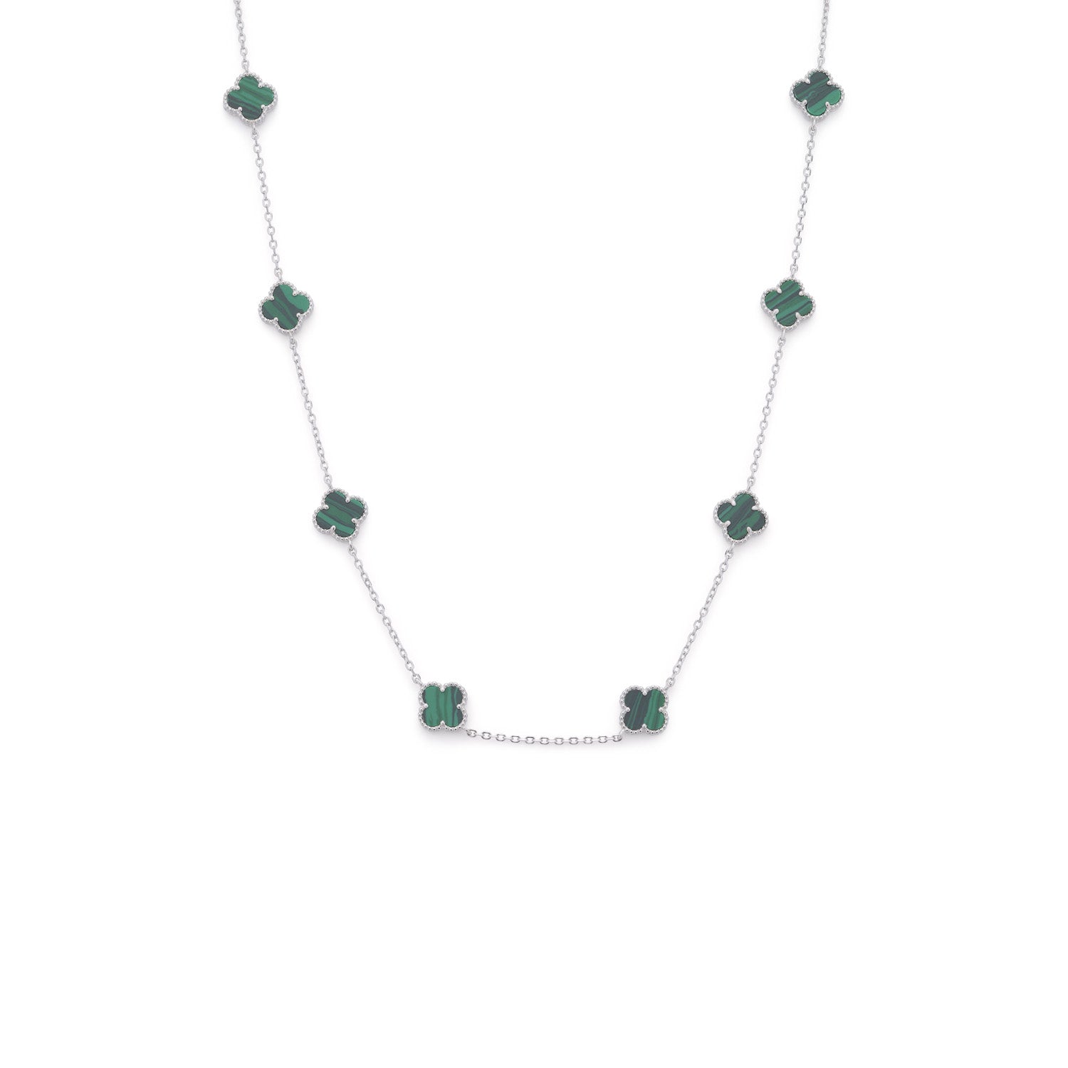 Clover Necklace with Malachite (Short) (Silver)
