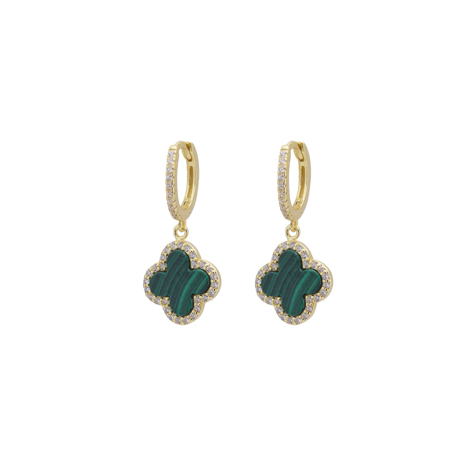 Clover Hoops with Malachite and Cubic Zirconia (Gold) (Large)