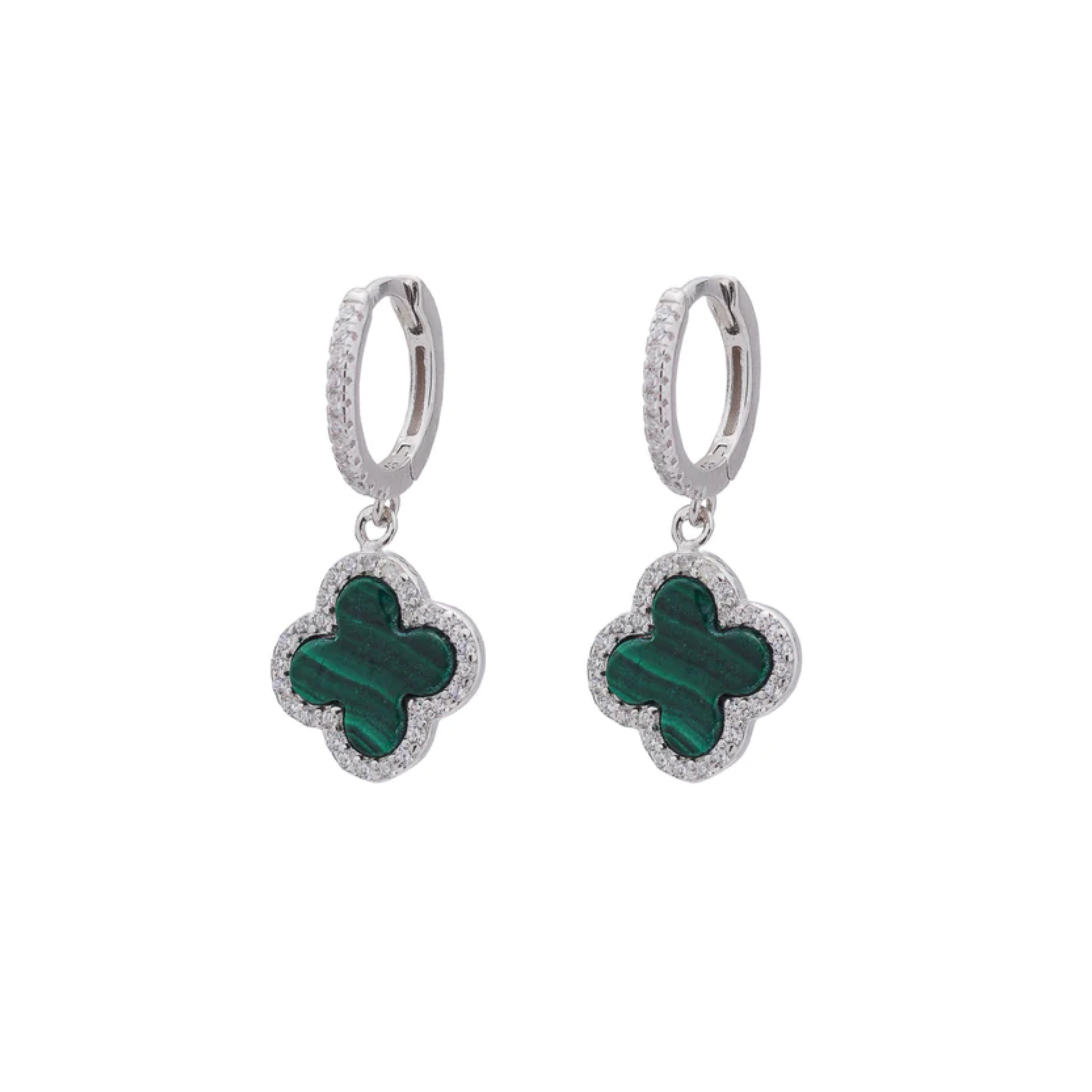 Clover Hoops with Malachite and Cubic Zirconia (Silver) (Large)
