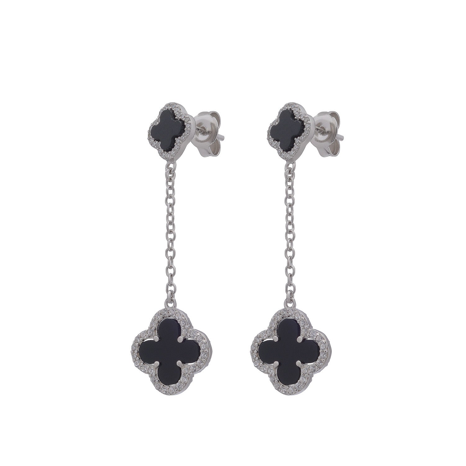 Clover Stud Drop Earrings with Black Onyx and Cubic Zirconia (Silver)