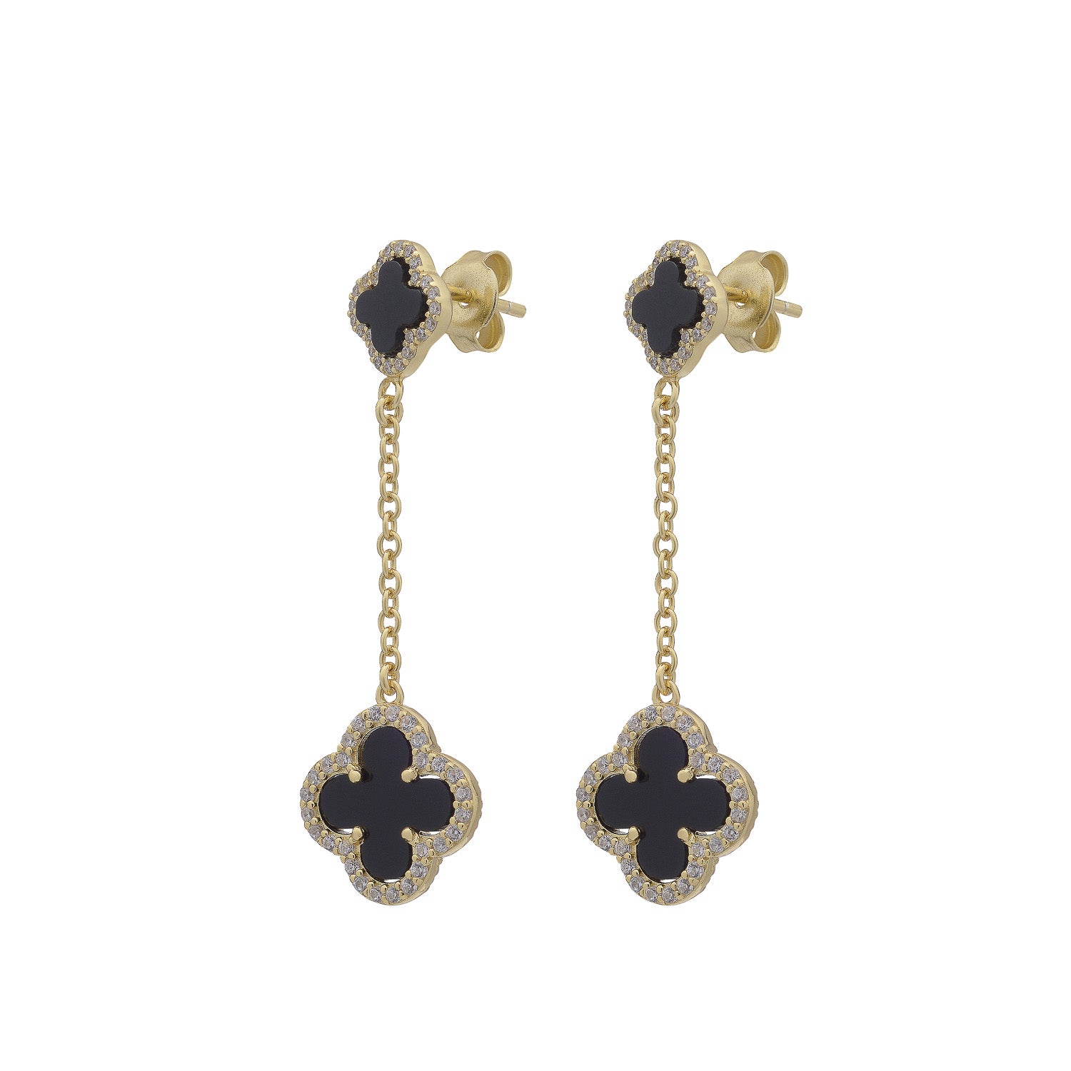 Clover Stud Drop Earrings with BLACK ONYX and Cubic Zirconia (Gold)