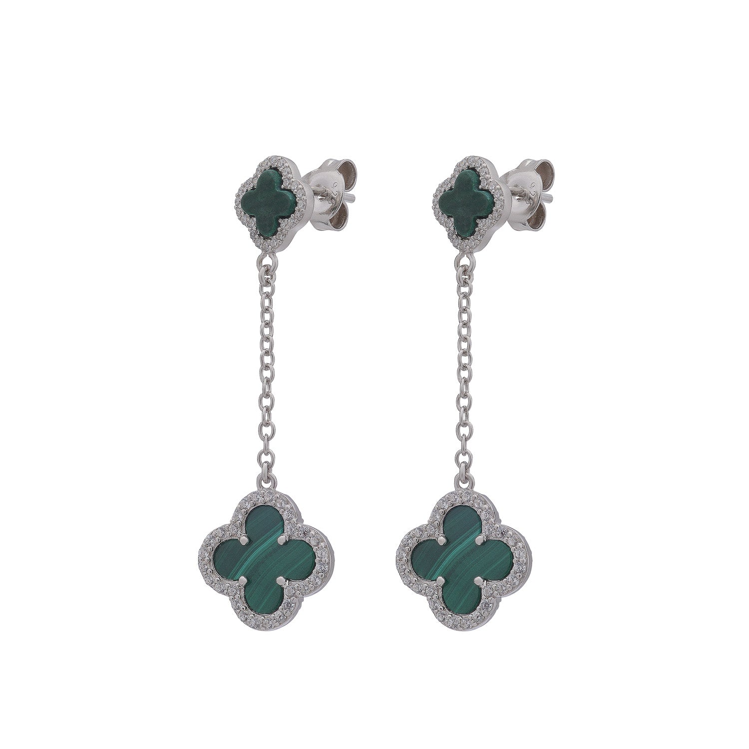 Clover Stud Drop Earrings with Malachite and Cubic Zirconia (Silver)