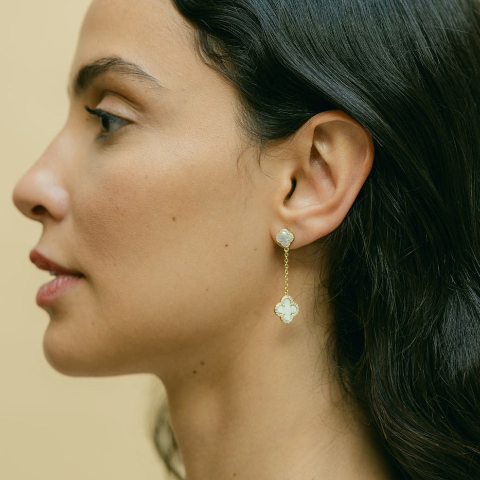 Clover Stud Drop Earrings with Mother of Pearl and Cubic Zirconia (Gold)