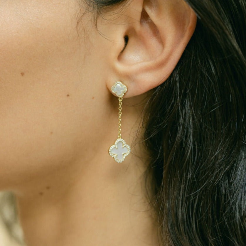 Clover Stud Drop Earrings with Mother of Pearl and Cubic Zirconia (Gold)