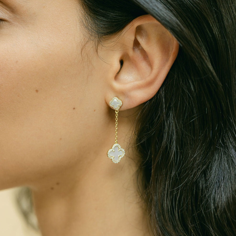 Clover Stud Drop Earrings with Mother of Pearl and Cubic Zirconia (Silver)
