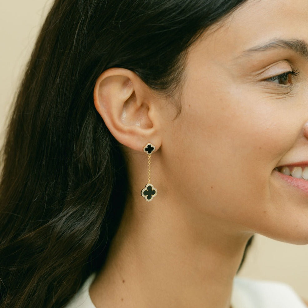 Clover Stud Drop Earrings with Black Onyx and Cubic Zirconia (Gold)