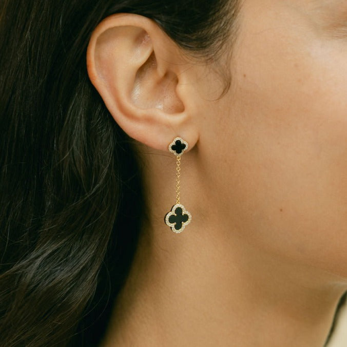 Clover Stud Drop Earrings with Black Onyx and Cubic Zirconia (Gold)