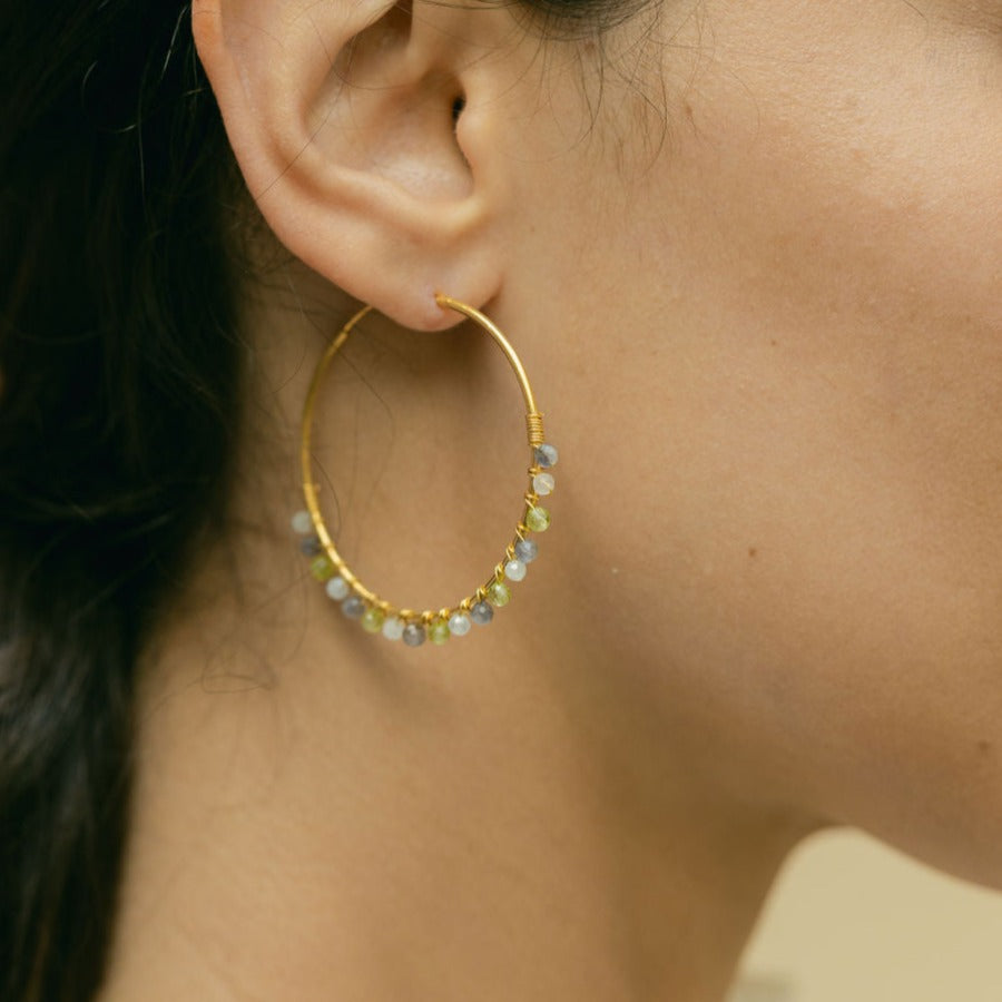 Gold Beaded Hoop Earrings with Aquamarine, Iolite & Peridot - Willow