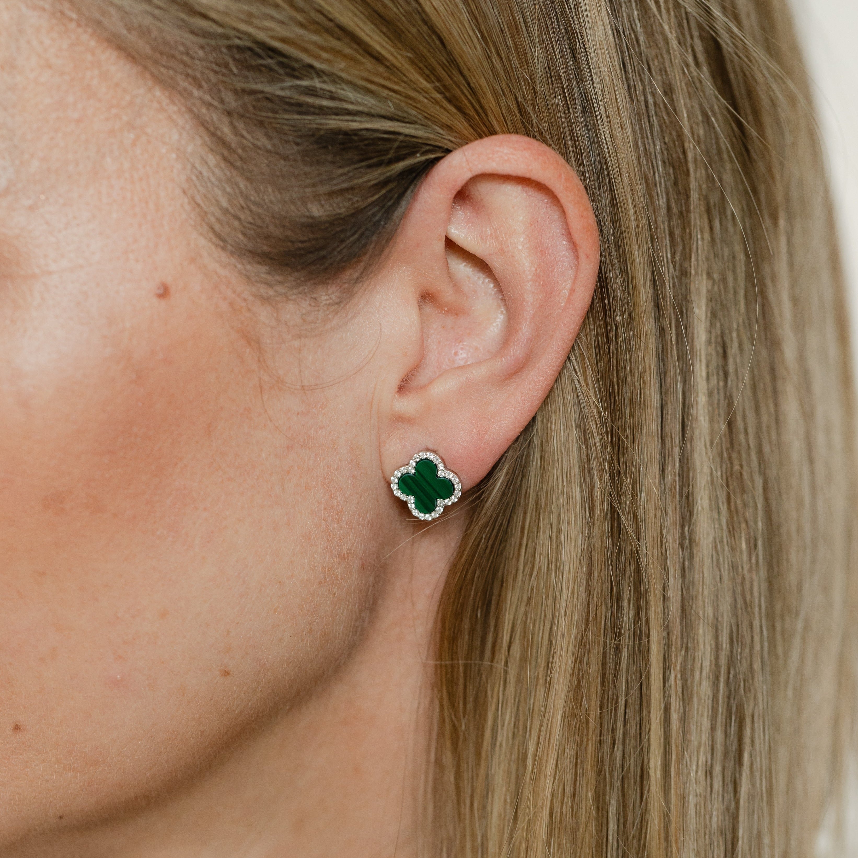 Clover Studs with Malachite and Cubic Zirconia (Silver) (Large)