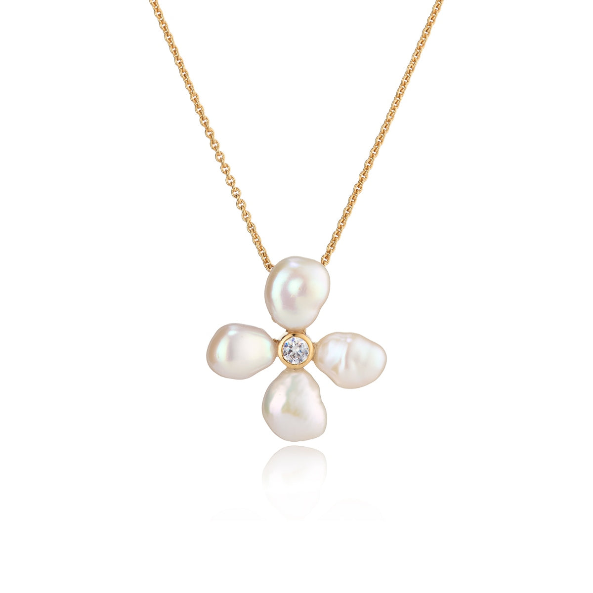 Pearl Flower Gold Necklace with Cubic Zirconia