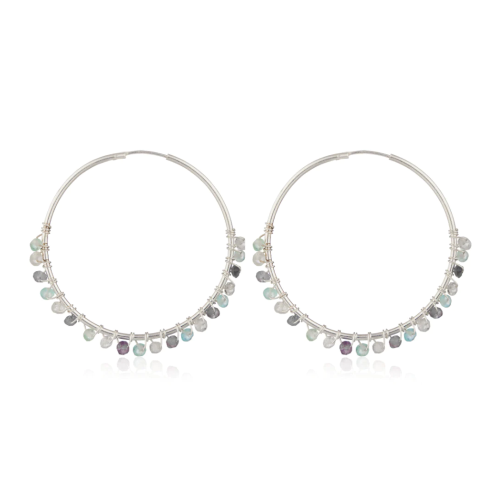Silver Beaded Hoop Earrings with Aquamarine, Iolite & Peridot - Willow