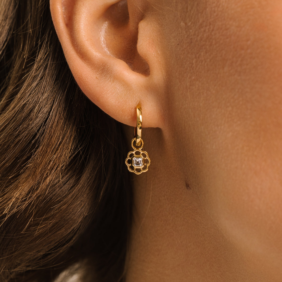 White Topaz Gemstone Flower Gold Drop Hoop Earrings