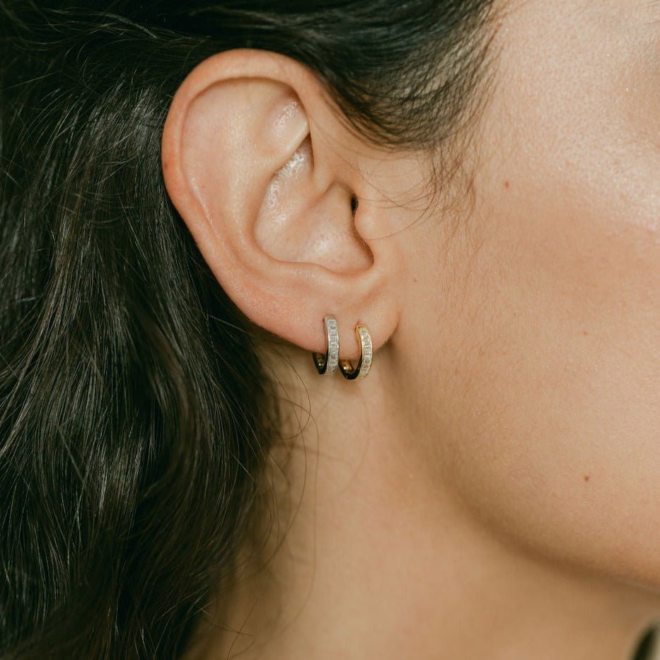Baguette Small Hoop Gold Earrings with Cubic Zirconia - Lulu B Jewellery