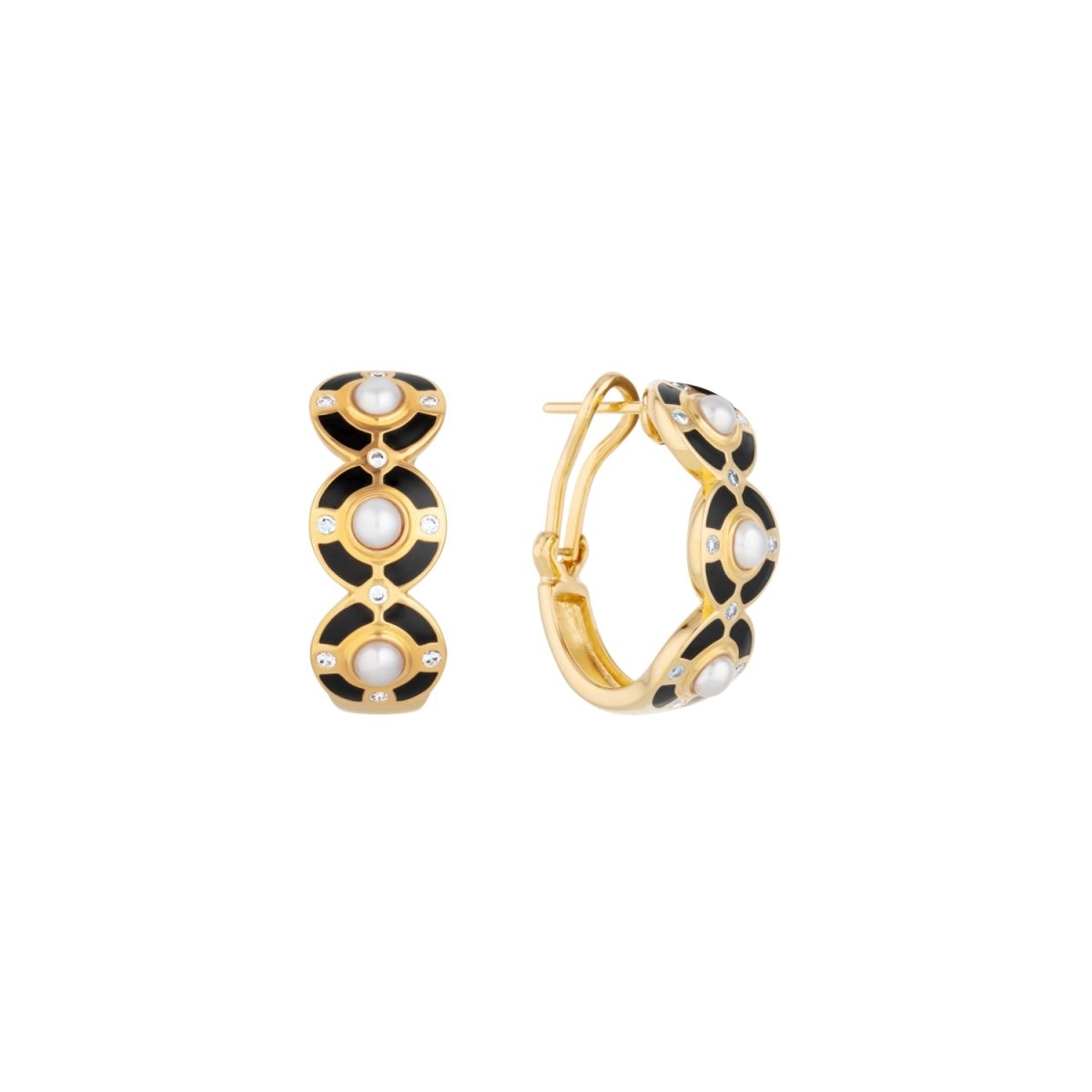 Black Enamel and Pearl Statement Gold Hoop Earrings - Lulu B Jewellery
