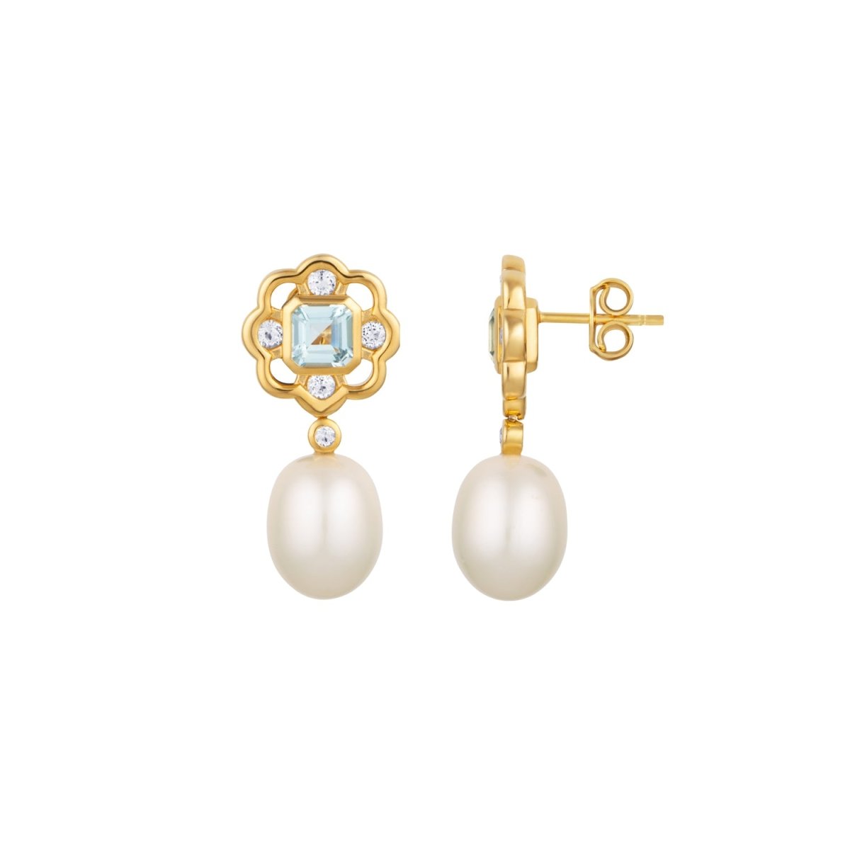 Blue Topaz and Pearl Gemstone Flower Gold Stud Drop Earrings - Lulu B London - Timeless Jewellery