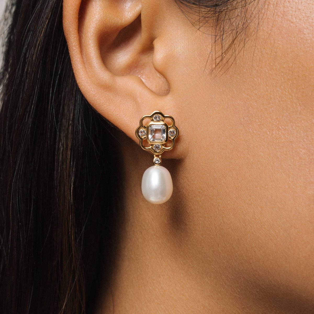 Blue Topaz and Pearl Gemstone Flower Silver Stud Drop Earrings - Lulu B London - Timeless Jewellery