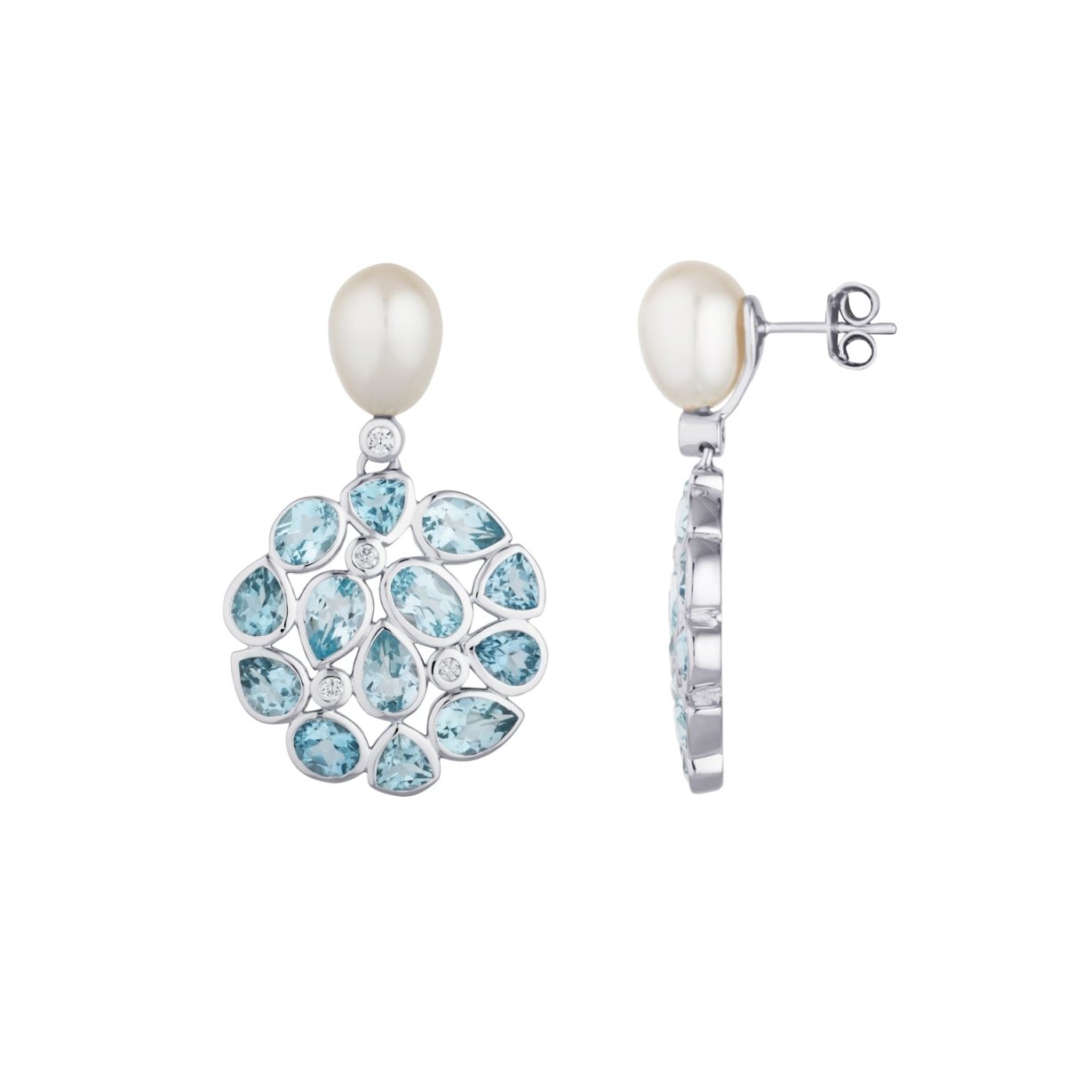 Blue Topaz and Pearl Statement Silver Stud Drop Earrings - Lulu B London - Timeless Jewellery
