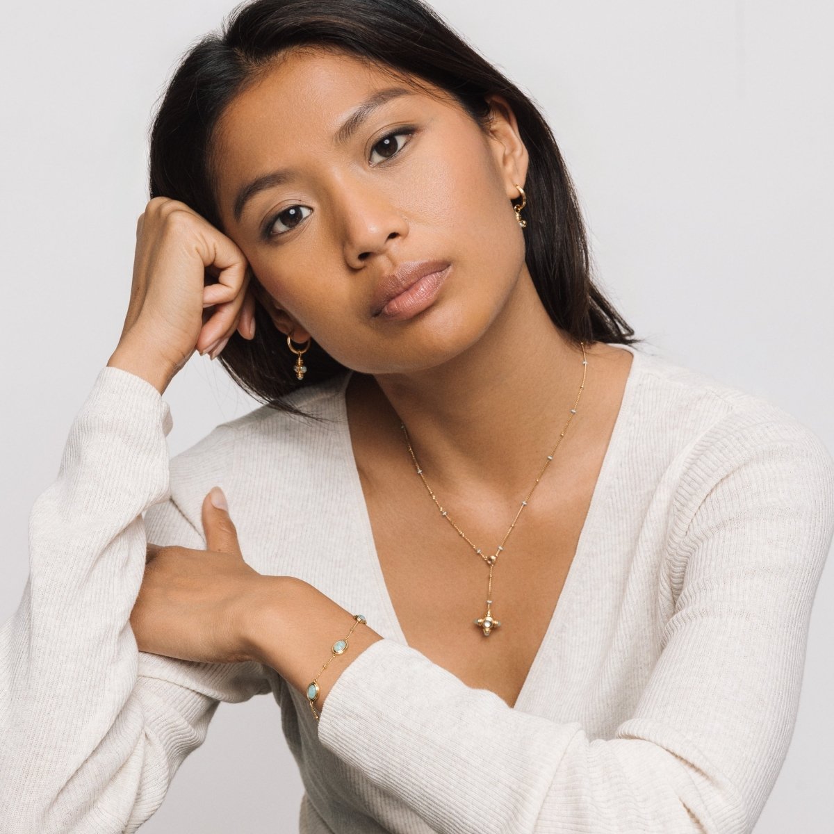 Blue Topaz Cross Gemstone Charm Gold Hoop Earrings - Lulu B London - Timeless Jewellery