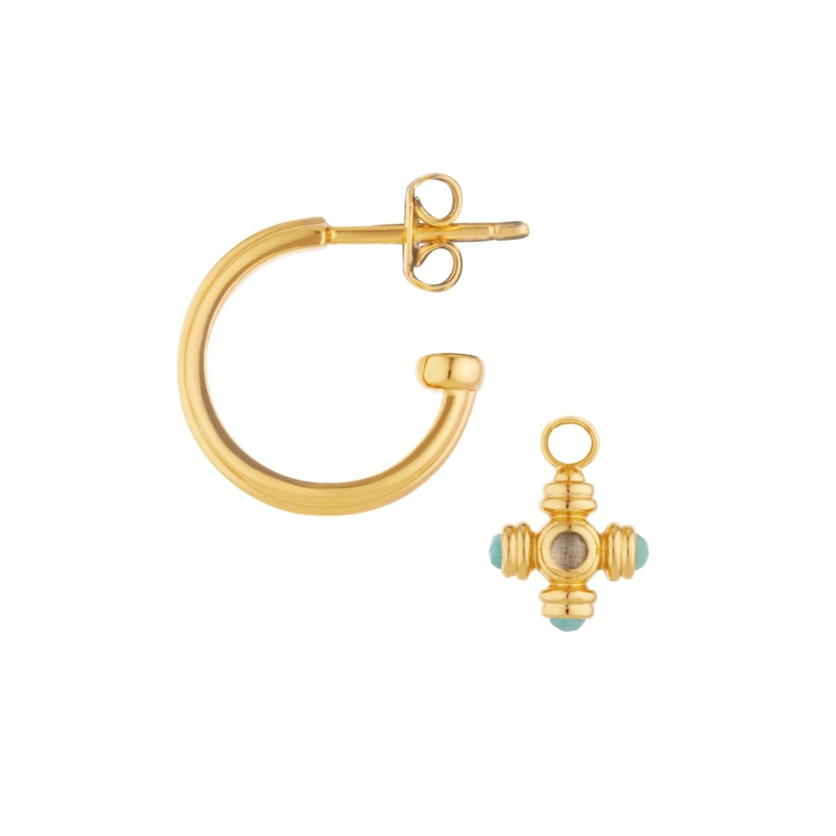 Blue Topaz Cross Gemstone Charm Gold Hoop Earrings - Lulu B London - Timeless Jewellery