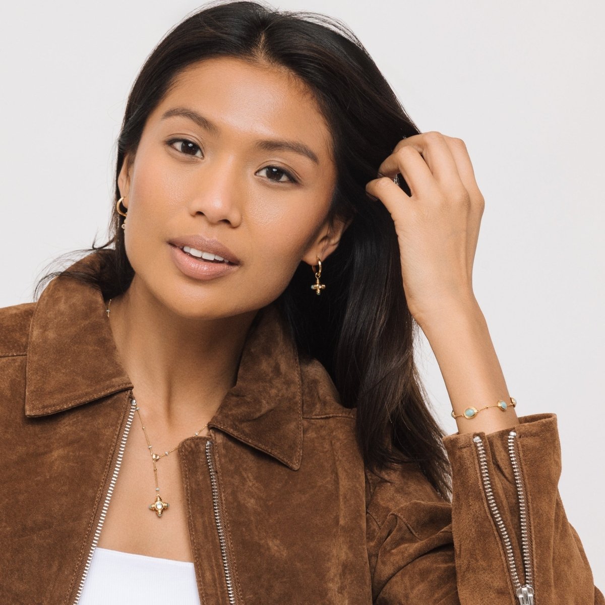 Blue Topaz Cross Gemstone Charm Gold Hoop Earrings - Lulu B London - Timeless Jewellery