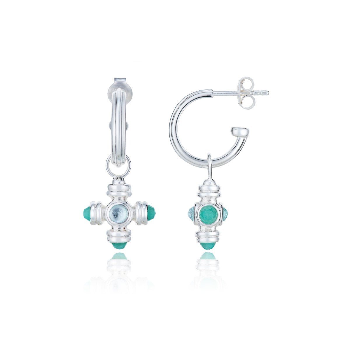 Blue Topaz Cross Gemstone Charm Silver Hoop Earrings - Lulu B London - Timeless Jewellery
