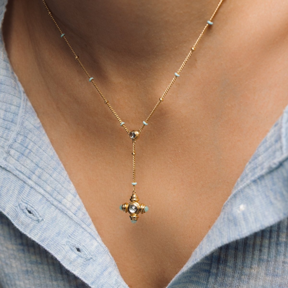 Blue Topaz Cross Gold Lariat Necklace - Lulu B Jewellery