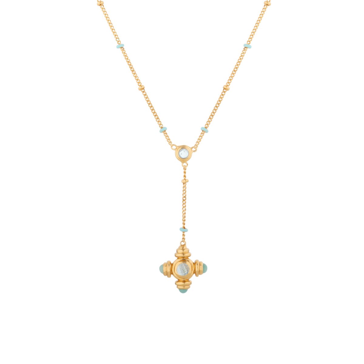 Blue Topaz Cross Gold Lariat Necklace - Lulu B London - Timeless Jewellery