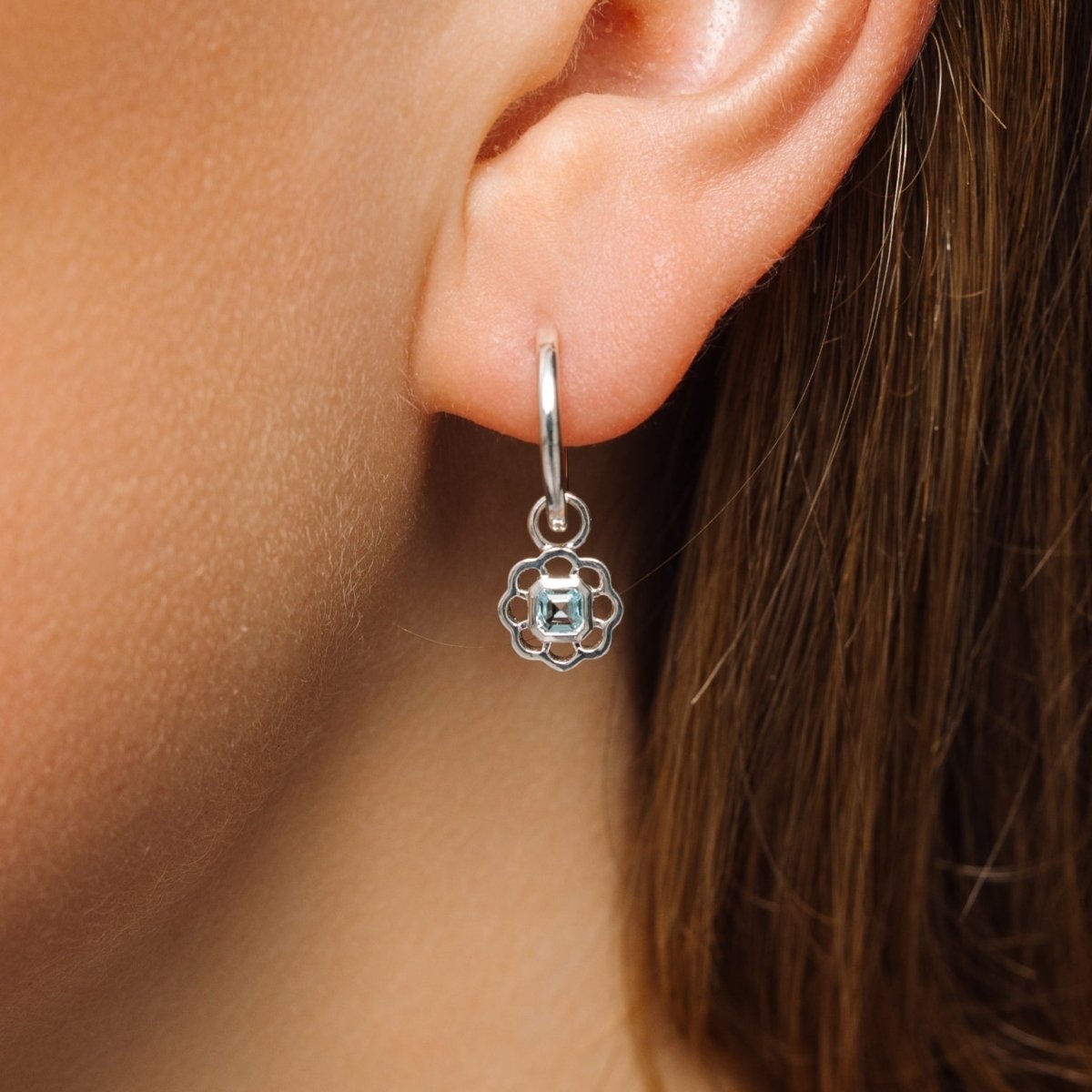 Blue Topaz Gemstone Flower Silver Drop Hoop Earrings - Lulu B London - Timeless Jewellery