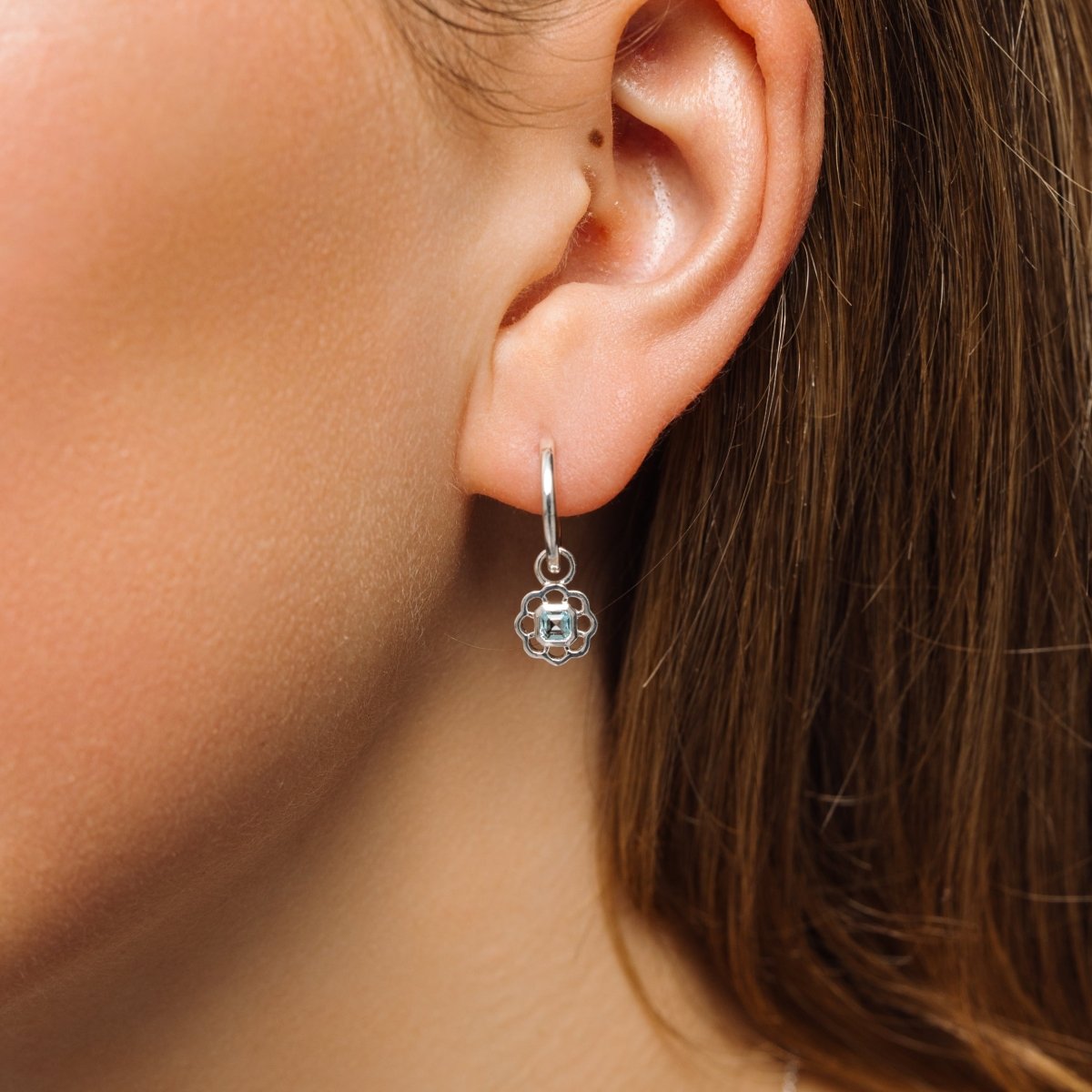 Blue Topaz Gemstone Flower Silver Drop Hoop Earrings - Lulu B London - Timeless Jewellery