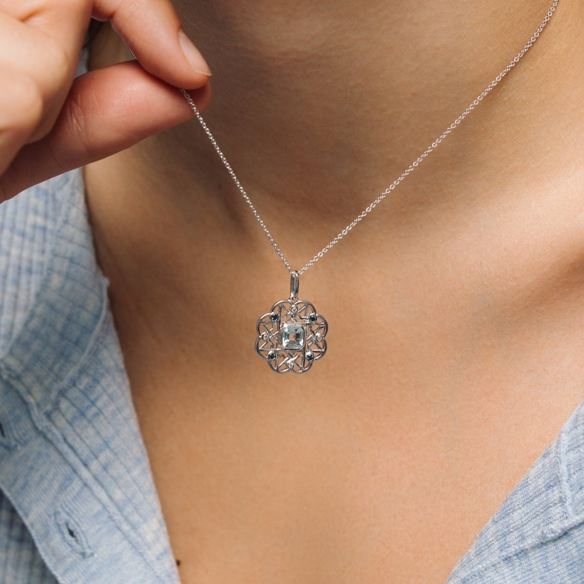 Blue Topaz Gemstone Flower Silver Necklace - Lulu B London - Timeless Jewellery