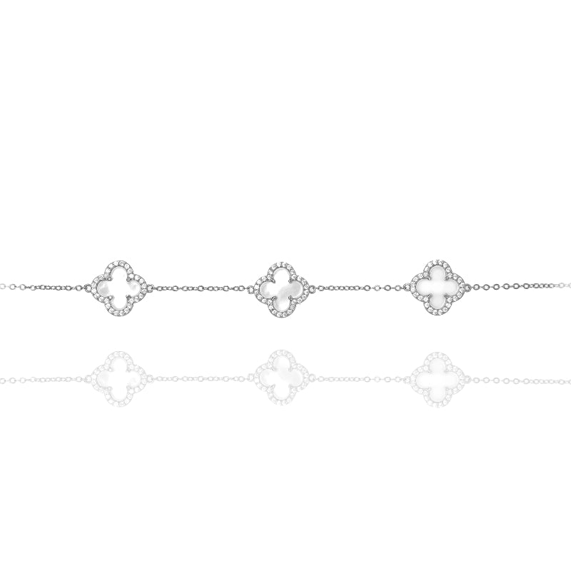 Clover Chain Bracelet with Mother of Pearl and Cubic Zirconia (Silver) - Lulu B Jewellery