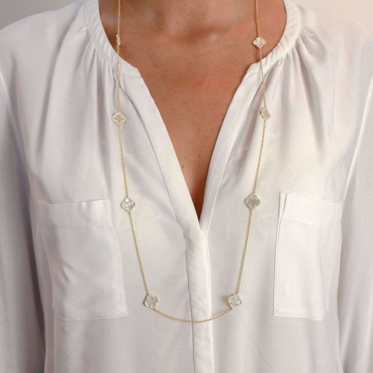 Clover Gold Long Necklace with Mother of Pearl and Cubic Zirconia - Lulu B Jewellery