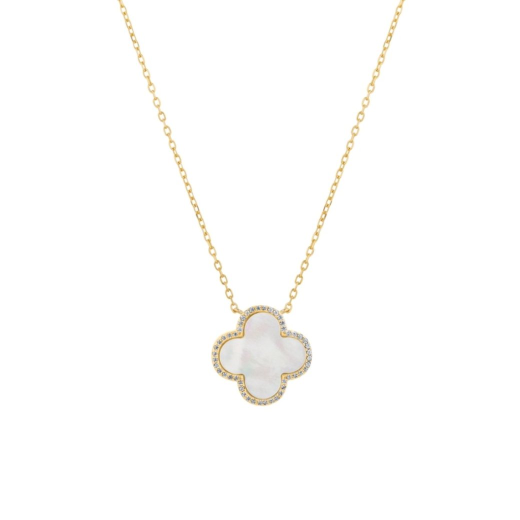 Clover Gold Necklace with Mother of Pearl and Cubic Zirconia - Large - Lulu B Jewellery