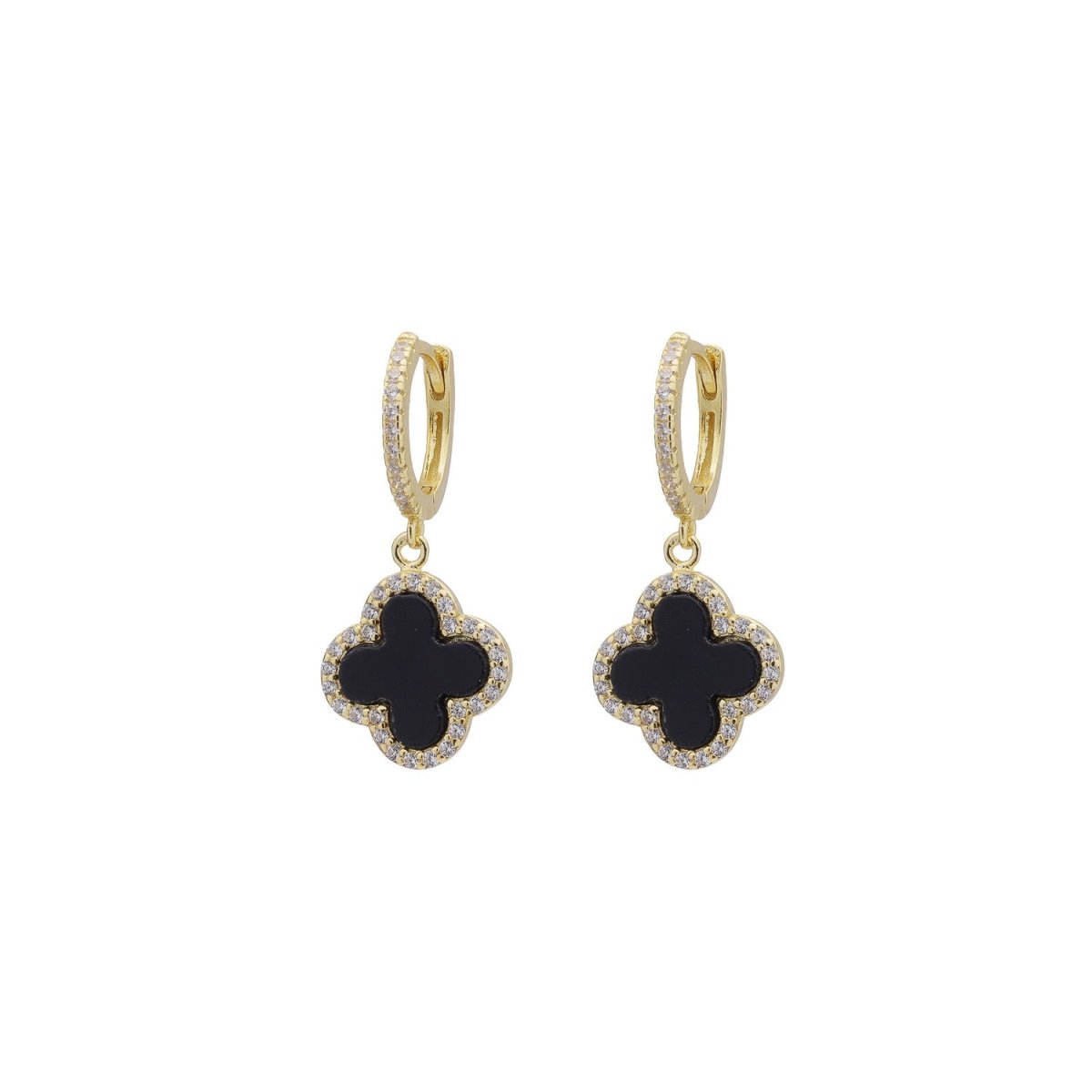 Clover Hoops with Black Onyx and Cubic Zirconia (Gold) (Large) - Lulu B Jewellery
