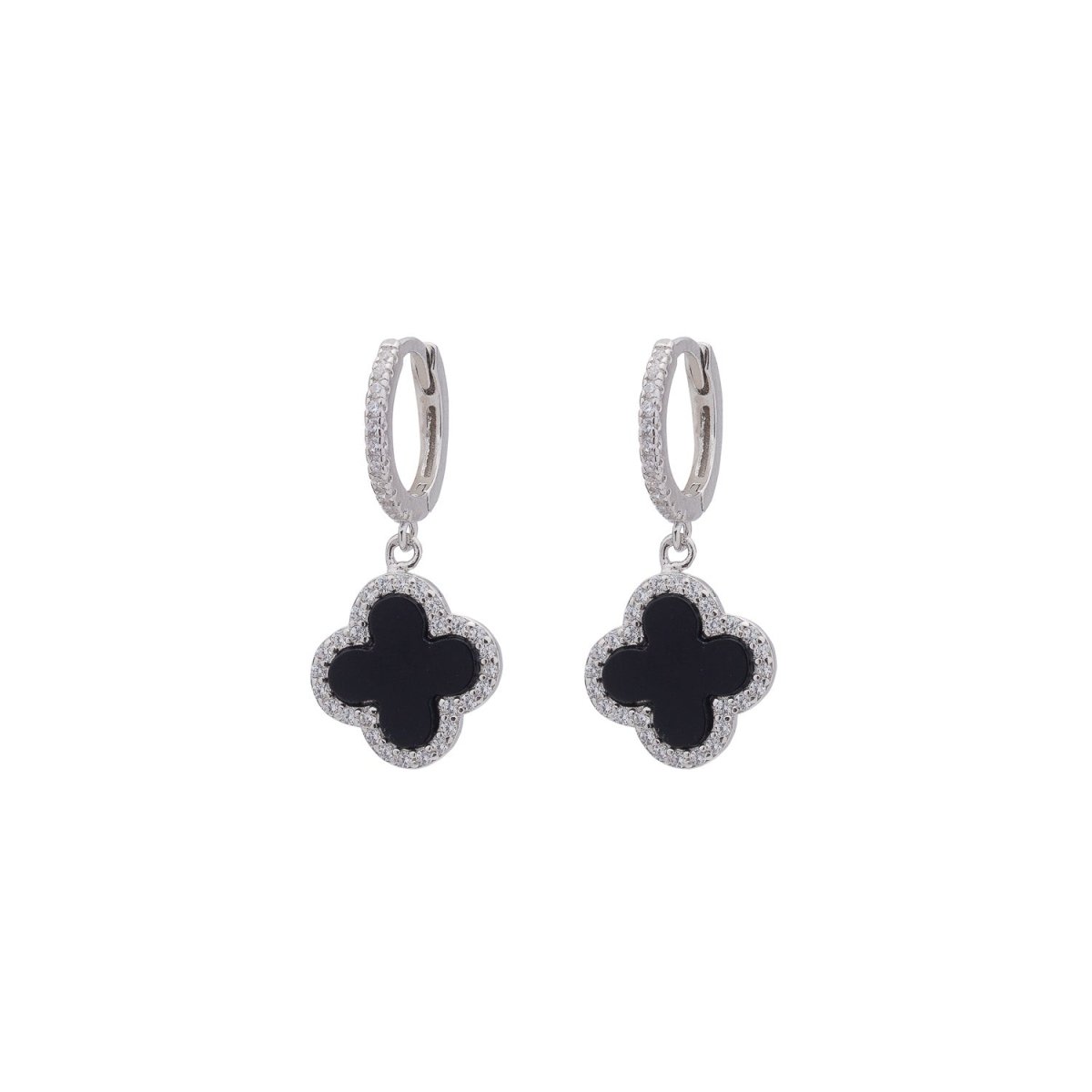 Clover Hoops with Black Onyx and Cubic Zirconia (Silver) (Large) - Lulu B Jewellery