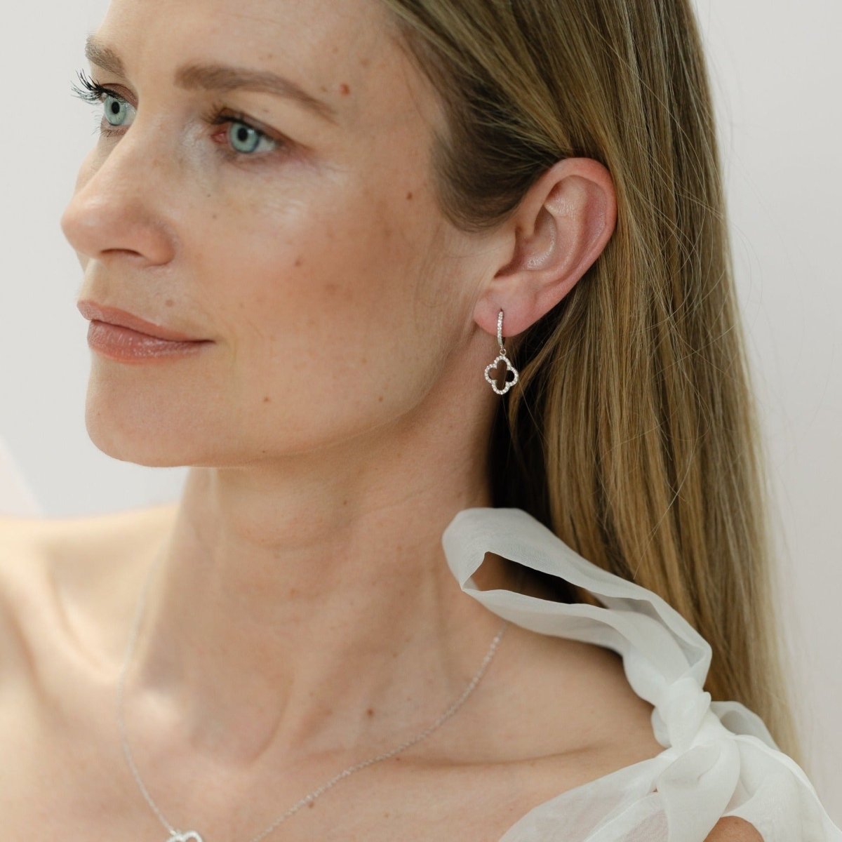 Clover Hoops with Cubic Zirconia Stones (Large) (Silver) - Lulu B Jewellery