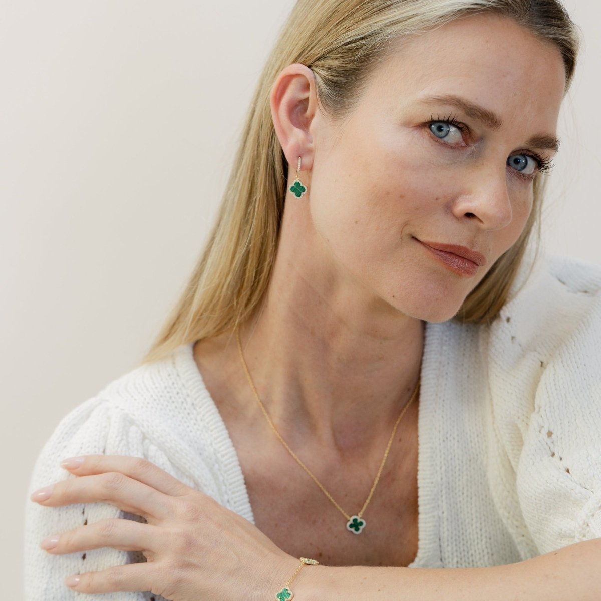 Clover Hoops with Malachite and Cubic Zirconia (Gold) (Large) - Lulu B Jewellery