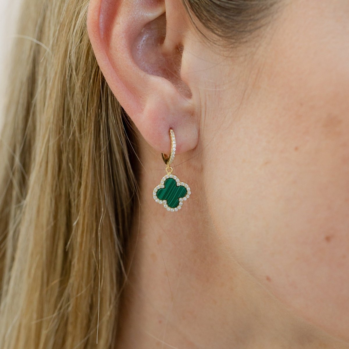 Clover Hoops with Malachite and Cubic Zirconia (Gold) (Large) - Lulu B Jewellery