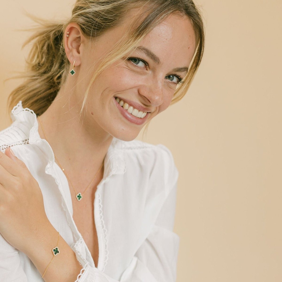 Clover Hoops with Malachite and Cubic Zirconia (Silver) - Lulu B Jewellery